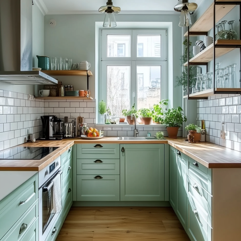 Mint green kitchen cabinets with wood countertops and open shelving in a small apartment kitchen