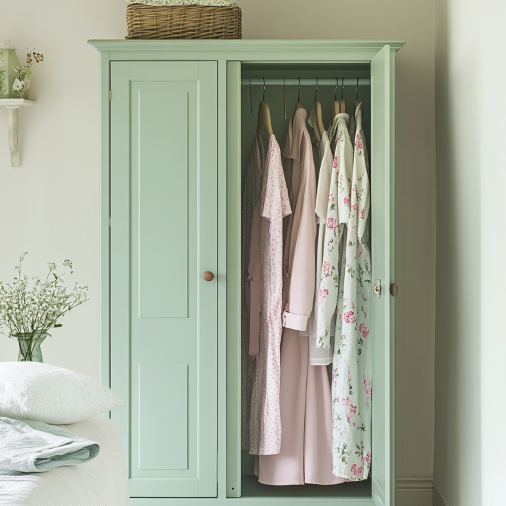 Soft mint green wardrobe with simple design and pastel clothing inside in a cozy bedroom.