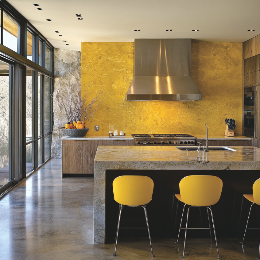 Yellow kitchen design incorporating stone, wood, and metal elements, creating a balanced, modern look.