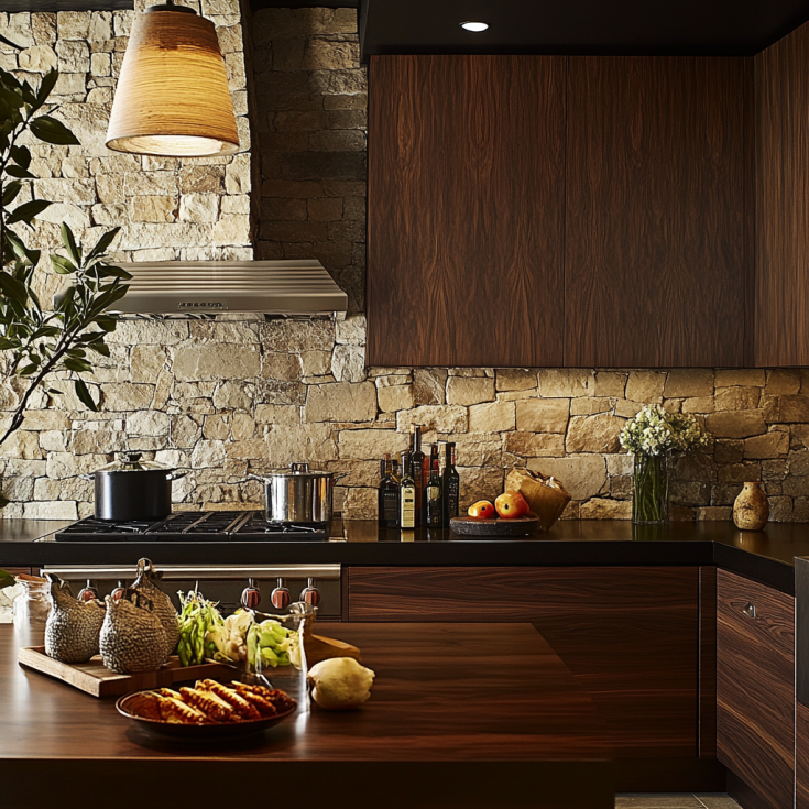 Modern beige cabinets with black fixtures and floating shelves in a minimal kitchen layout