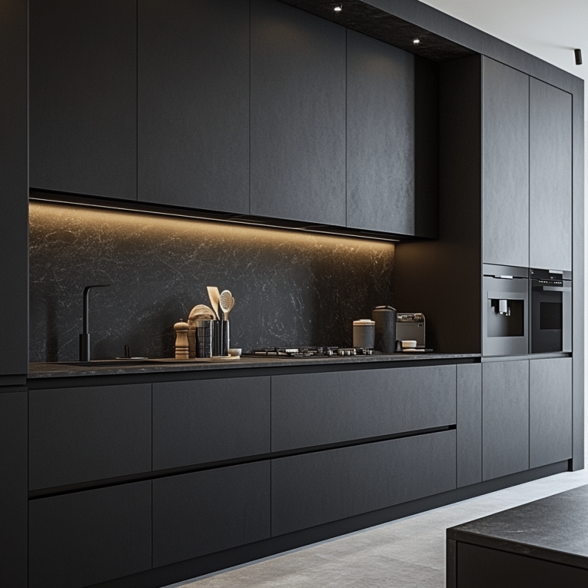 Modern kitchen featuring matte black cabinets, under-cabinet lighting, and a black marble backsplash, creating a sleek, contemporary atmosphere.