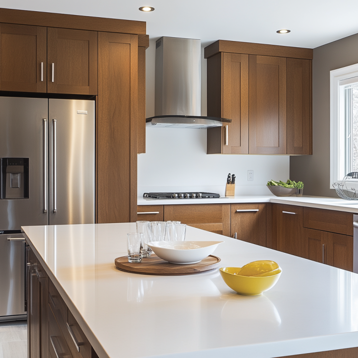Modern kitchen with flat-panel brown cabinets, white quartz countertops, and stainless range hood