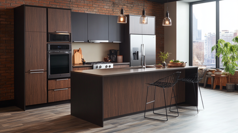 Urban kitchen with modern brown laminate cabinets and island