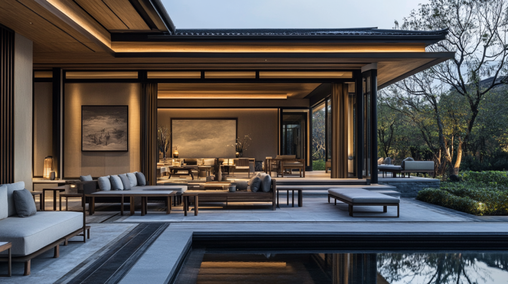 Modern Chinese style villa living room with dark wood furnishings, traditional art, and floor-to-ceiling windows, creating a serene and elegant space.