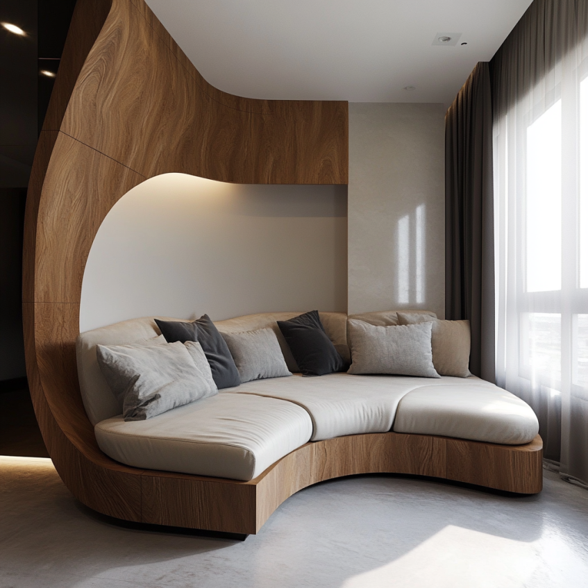 modern curved sofa with wooden built-in structure in a stylish apartment living room