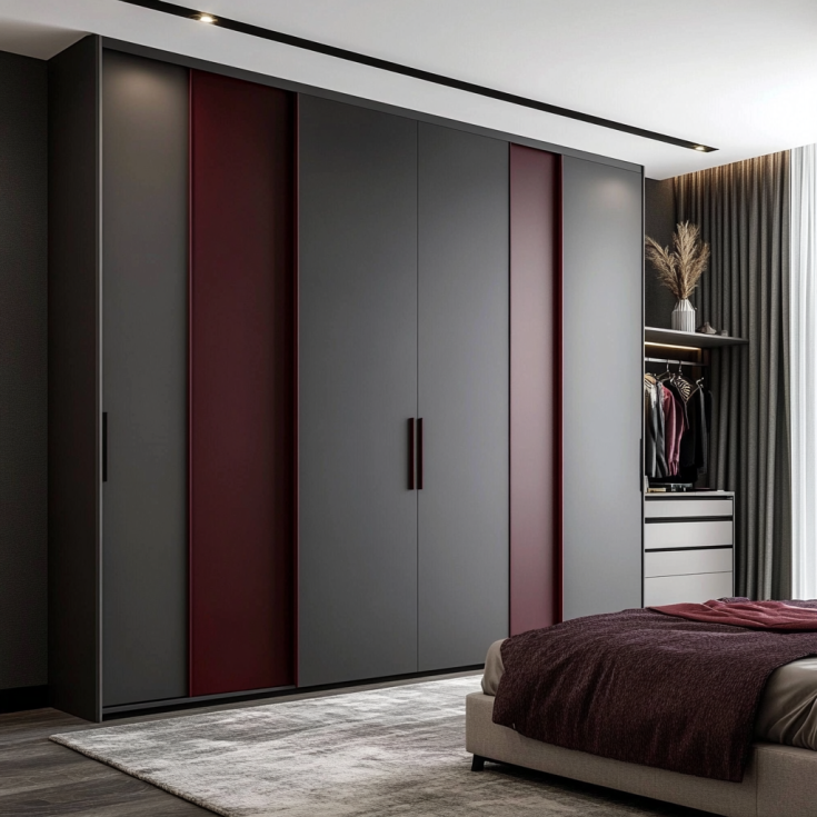 Sleek dark gray wardrobe with burgundy accent panels in a contemporary bedroom.
