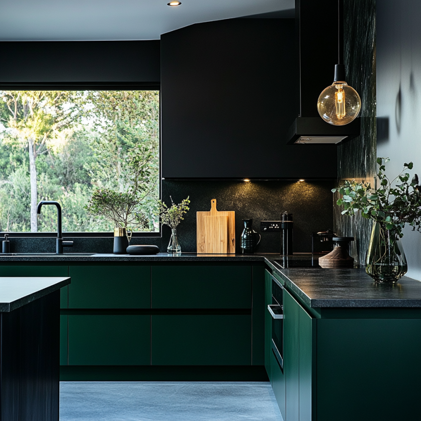Dark green flat-panel cabinets with black countertops and fixtures in a contemporary kitchen