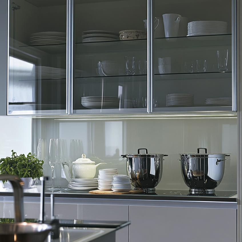 Kitchen with glass-fronted cabinets, showcasing neatly arranged kitchenware with under-cabinet lighting for an elegant touch.