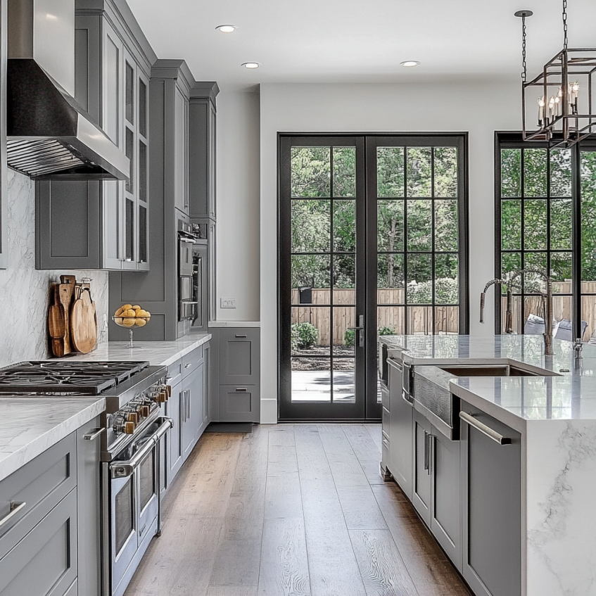 Modern kitchen with gray cabinetry, sleek countertops, and LED lighting that highlights the stylish and contemporary design.
