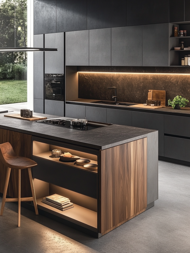 Contemporary kitchen featuring a marble countertop with gray veining, dark gray cabinets, wooden accents, and under-cabinet lighting, providing a sleek and modern aesthetic.