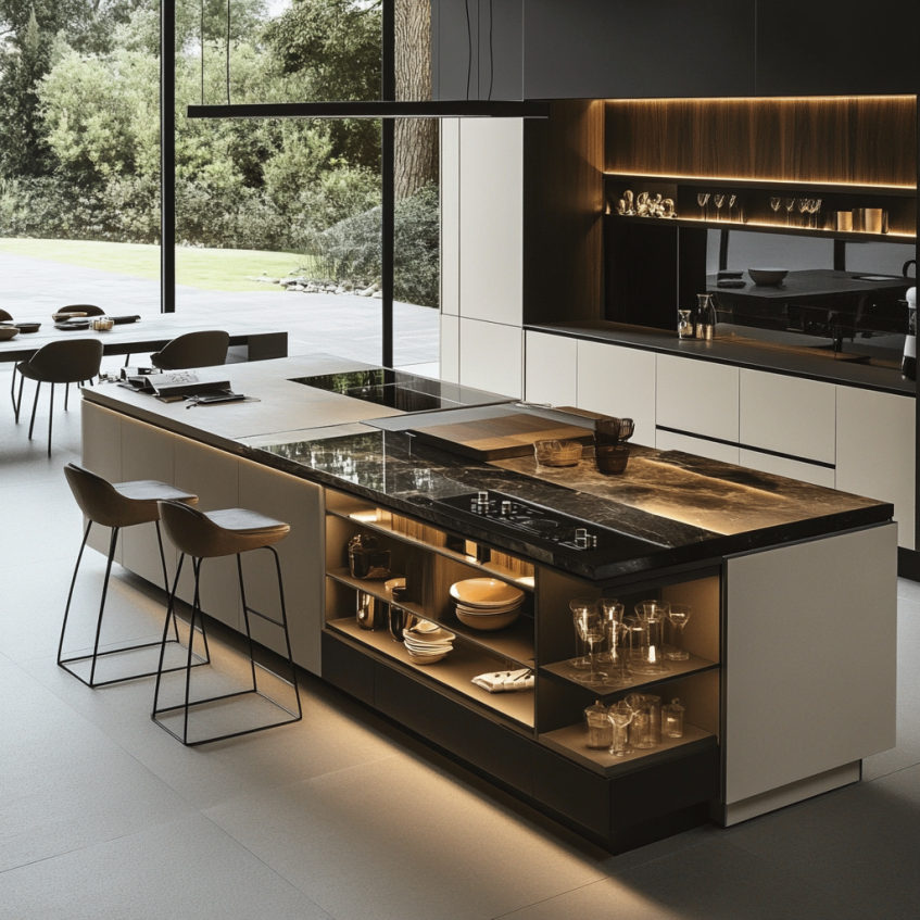Modern kitchen featuring a black and white island with marble countertop and built-in shelves, illuminated by warm lighting.