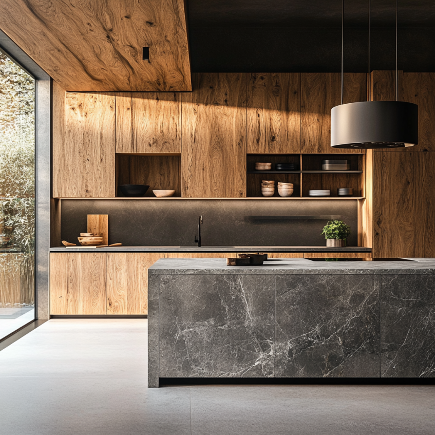 Modern kitchen with black and wooden cabinets, integrated lighting, and large windows.