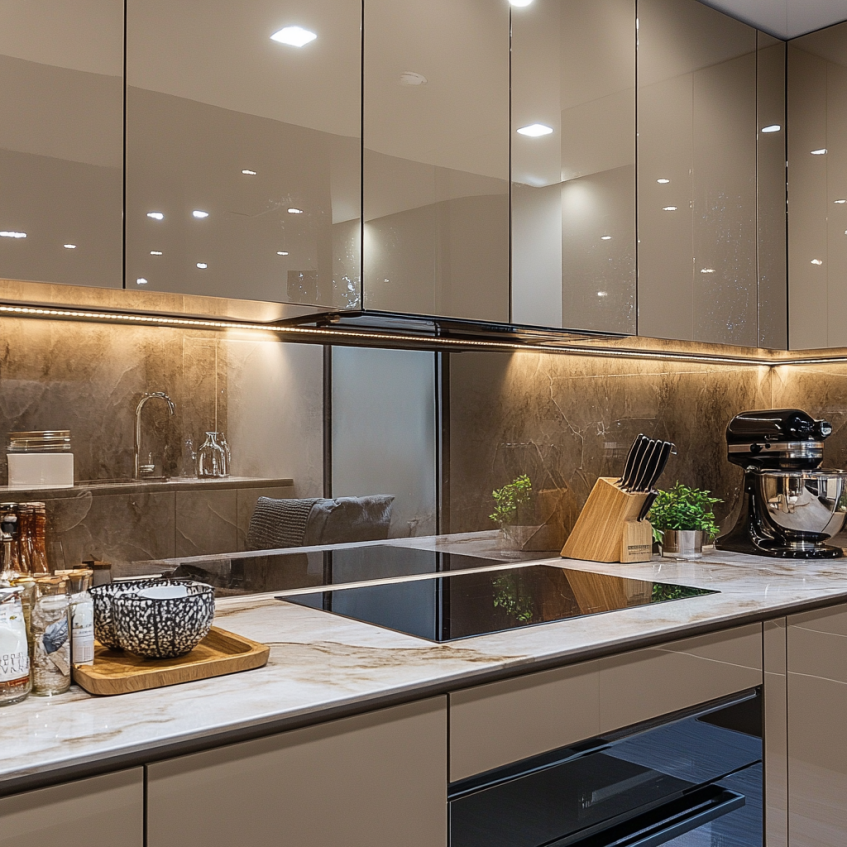Contemporary kitchen with high gloss cabinets, a sleek countertop, and LED lighting under the cabinets, giving the kitchen a polished, modern feel.