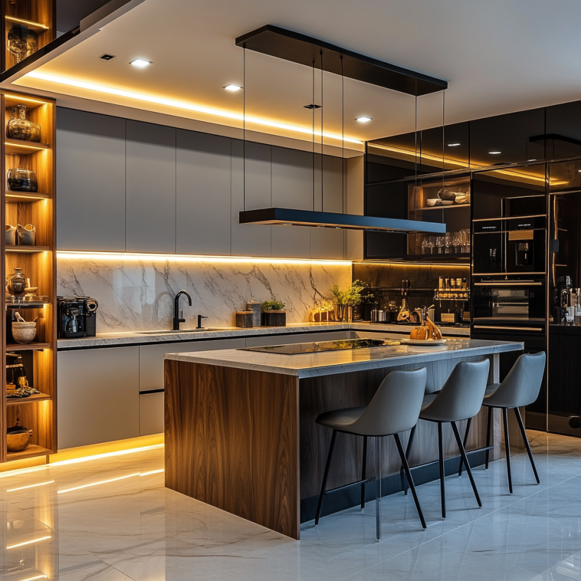Modern kitchen with LED lighting illuminating the island, sleek black and gray cabinetry, and marble countertops.