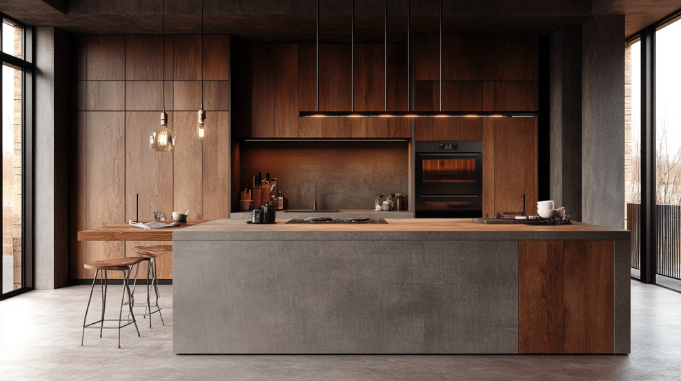 Minimalist kitchen with brown cabinets and gray concrete island