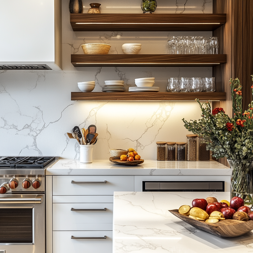 Contemporary kitchen with open shelving, marble countertops, and a sleek white design featuring wooden accents and kitchen essentials on display.