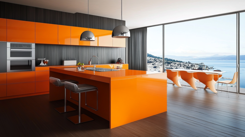 Modern kitchen with a vibrant orange island, sleek countertops, and scenic views.