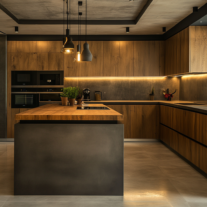 Elegant kitchen featuring wood cabinetry and a metal kitchen island with pendant lighting. The space incorporates sleek countertops and modern appliances.
