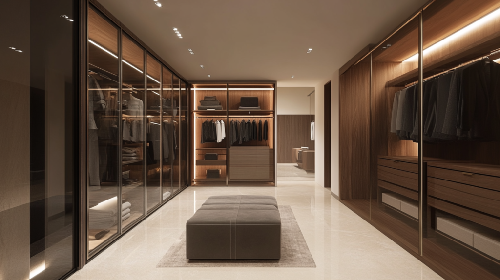 Luxury walk-in closet with sleek glass doors, custom wood shelving, and elegant lighting highlighting clothing storage.
