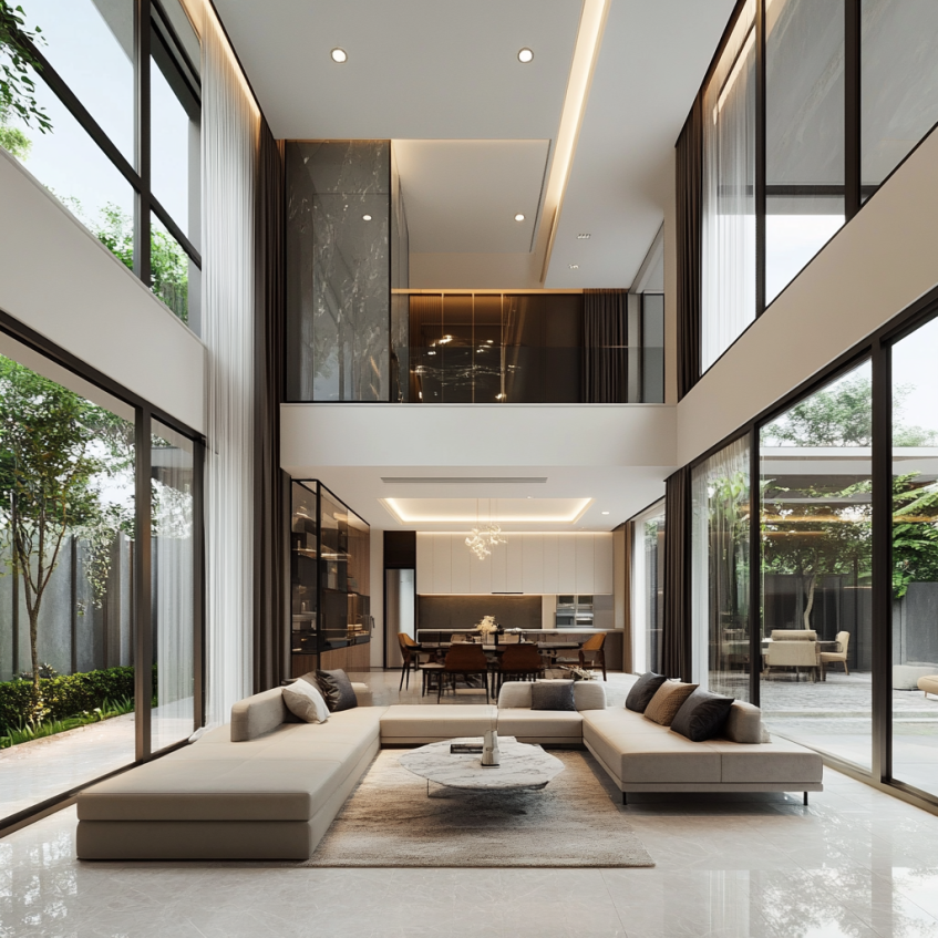 Modern minimalist style villa with spacious living and dining areas, showcasing natural light through large windows, with simple furniture and elegant layout.