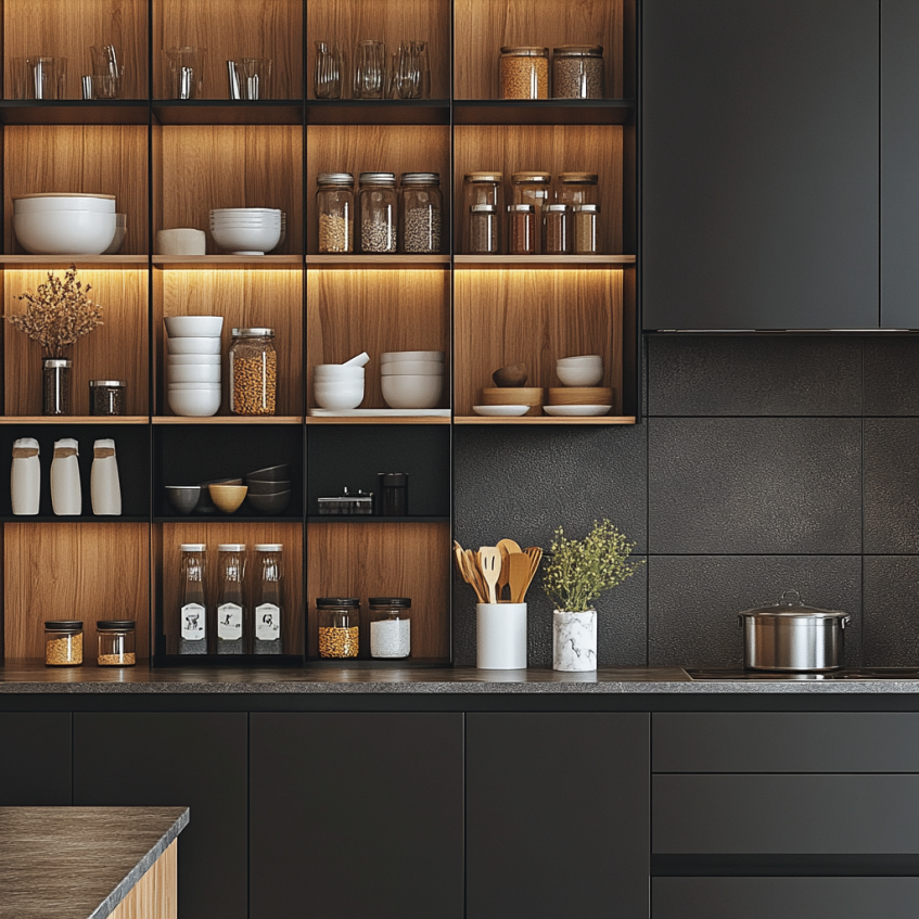 Stylish kitchen featuring open shelving with wooden shelves, neatly displaying kitchenware and decorative items, complemented by black cabinets.