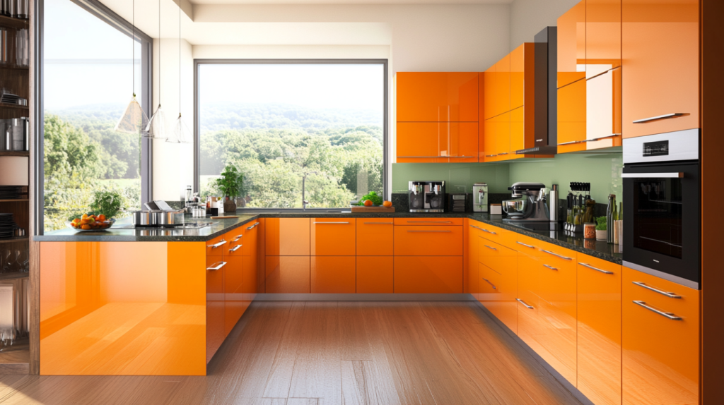 Modern kitchen with glossy orange cabinets, green glass backsplash, and large windows overlooking trees.