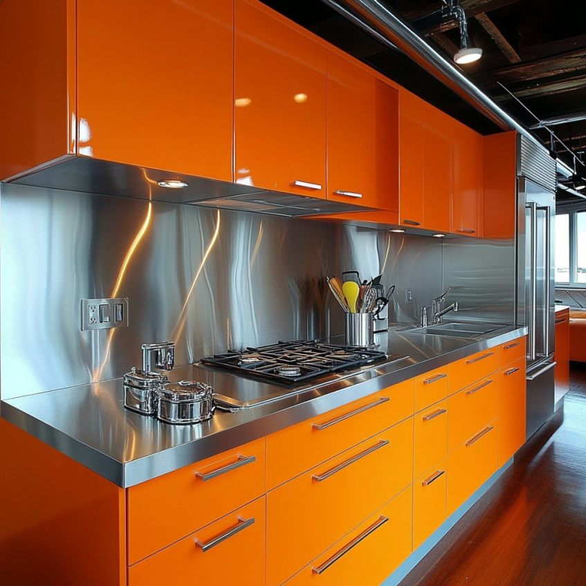 Modern kitchen with glossy orange cabinets and stainless steel finishes.
