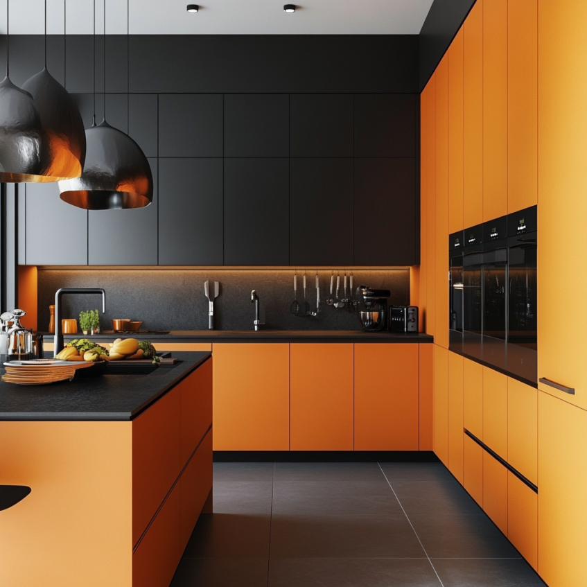 Modern kitchen with soft orange cabinets, matte black upper units, and pendant lighting.