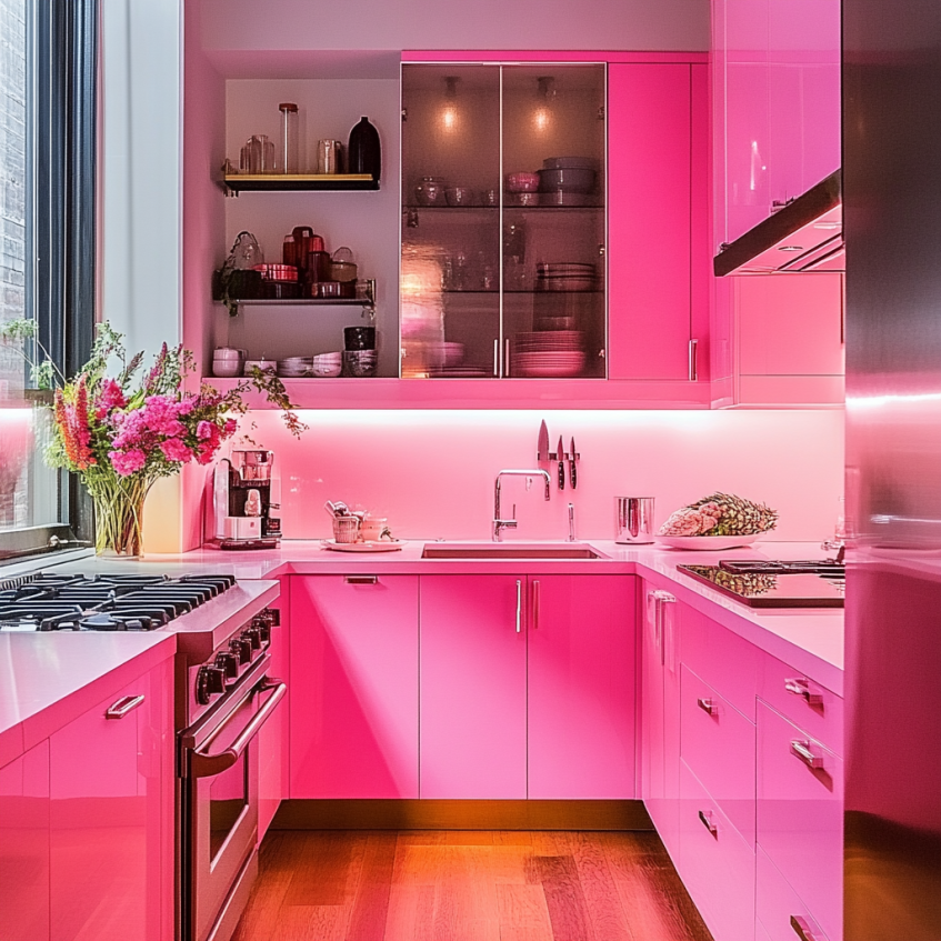 Glossy pink kitchen with LED lighting and glass cabinets