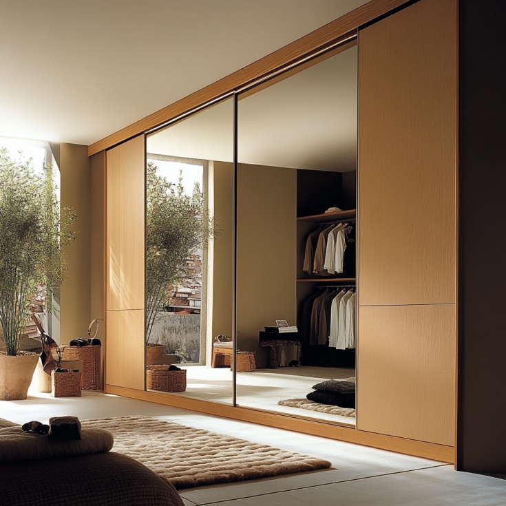 Built-in closet with full-length sliding mirror doors in a modern bedroom