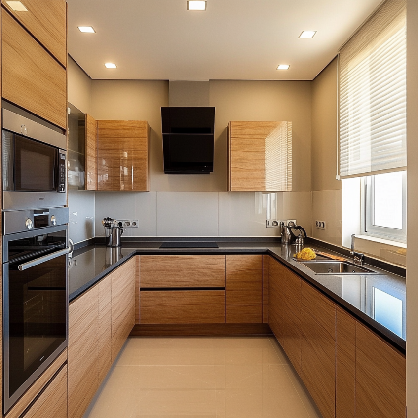 Small kitchen featuring modern wood cabinets with black countertops and sleek appliances, optimizing space.