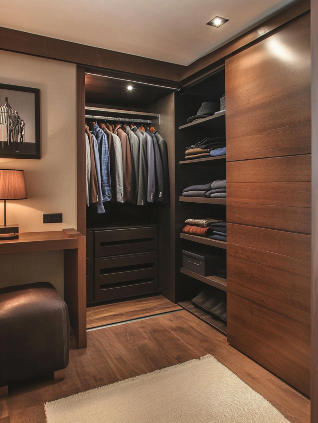 A sleek, modern walk-in closet with hidden storage, dark wood shelves, and organized clothing and shoes.