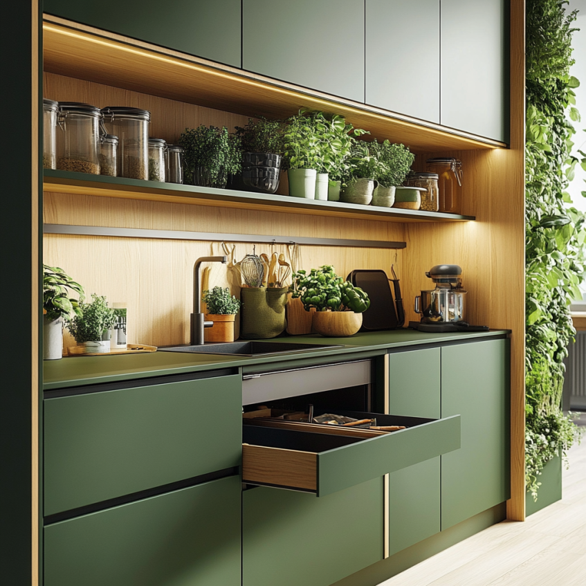 Matte green modular kitchen cabinets with integrated drawers, open shelving, and potted herbs