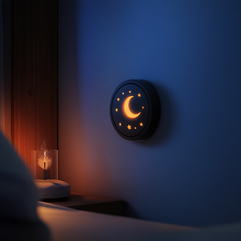Moon and stars night light glowing softly on a bedroom wall.