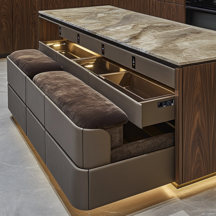 Modern closet island with marble top, integrated seating and pull-out drawers