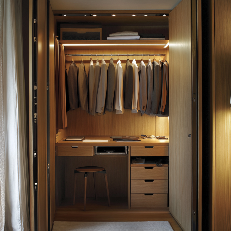 Modern closet-wall unit with built-in desk and hanging space