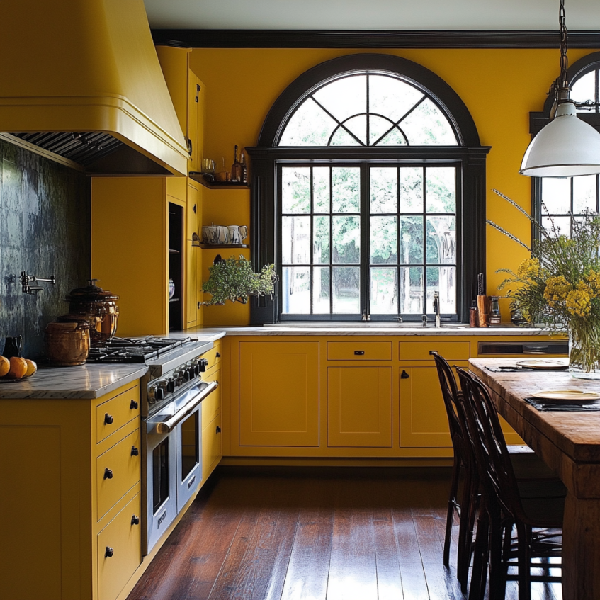 Mustard yellow cabinets and dark wood floors combine to create a cozy and rustic kitchen.