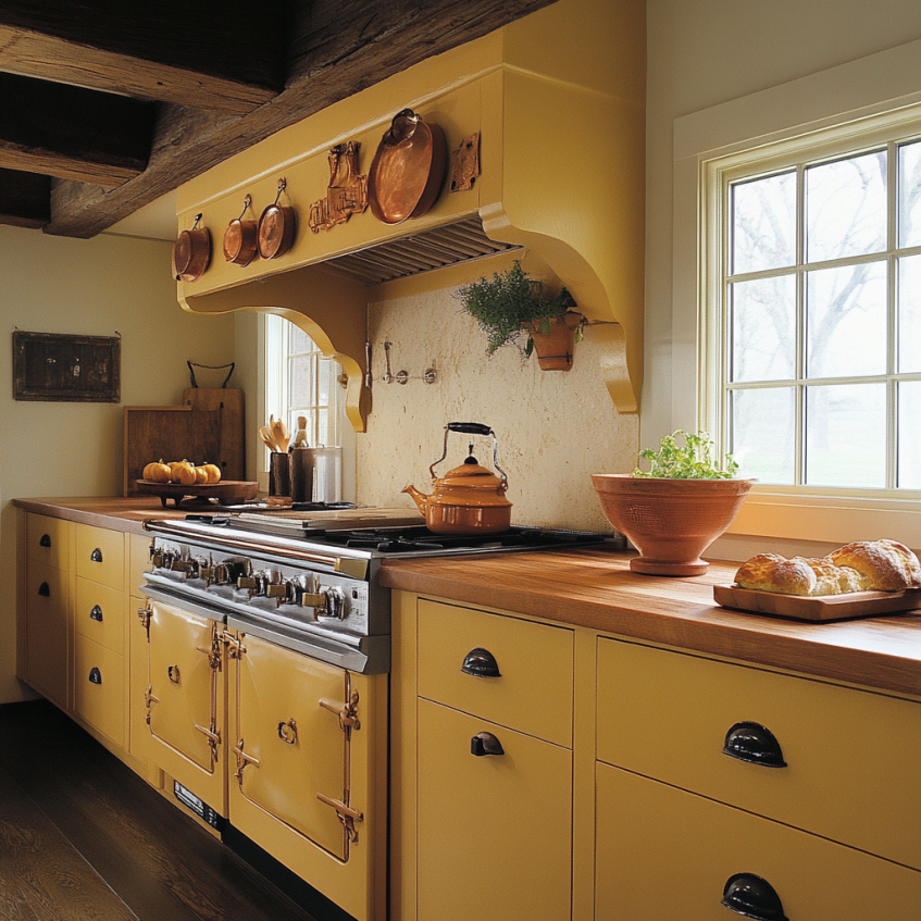 Mustard yellow kitchen cabinets with copper hardware add warmth and rustic charm to the kitchen.
