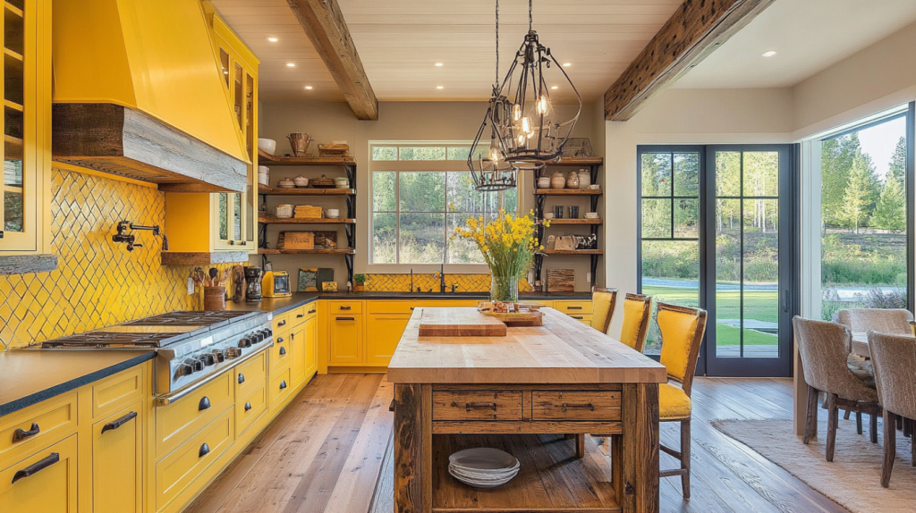 Mustard yellow kitchen cabinets paired with wood floors bring a warm and rustic kitchen vibe.