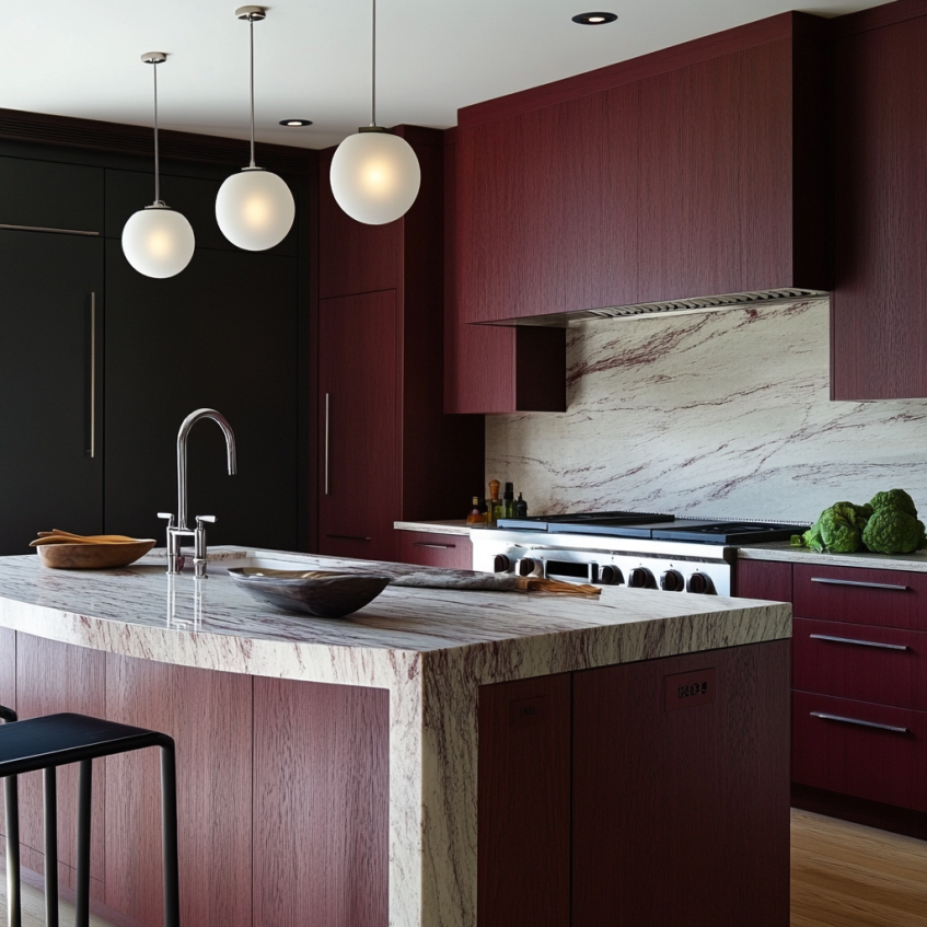 Burgundy red oak kitchen cabinets with marble backsplash and modern lighting