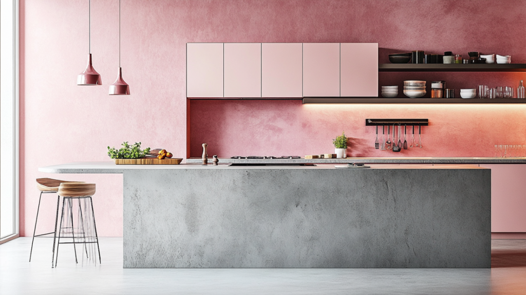 Modern pink kitchen with concrete island and warm lighting