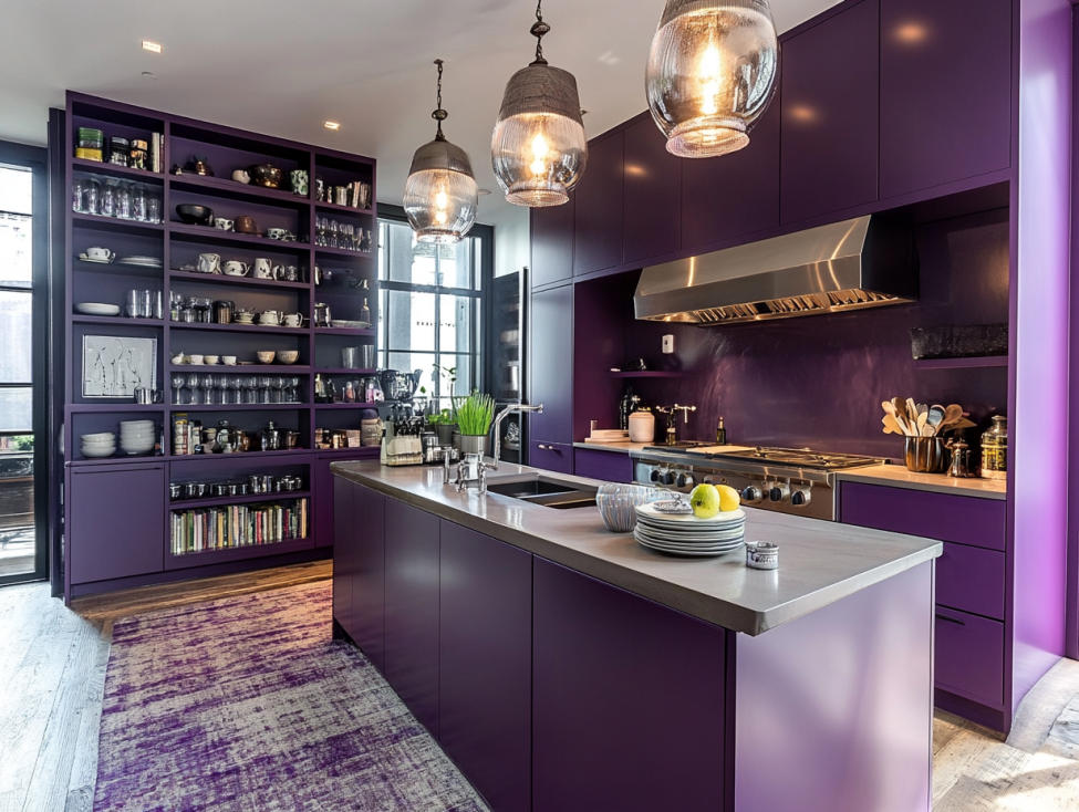 Muted purple base cabinets combined with open wooden shelves above.