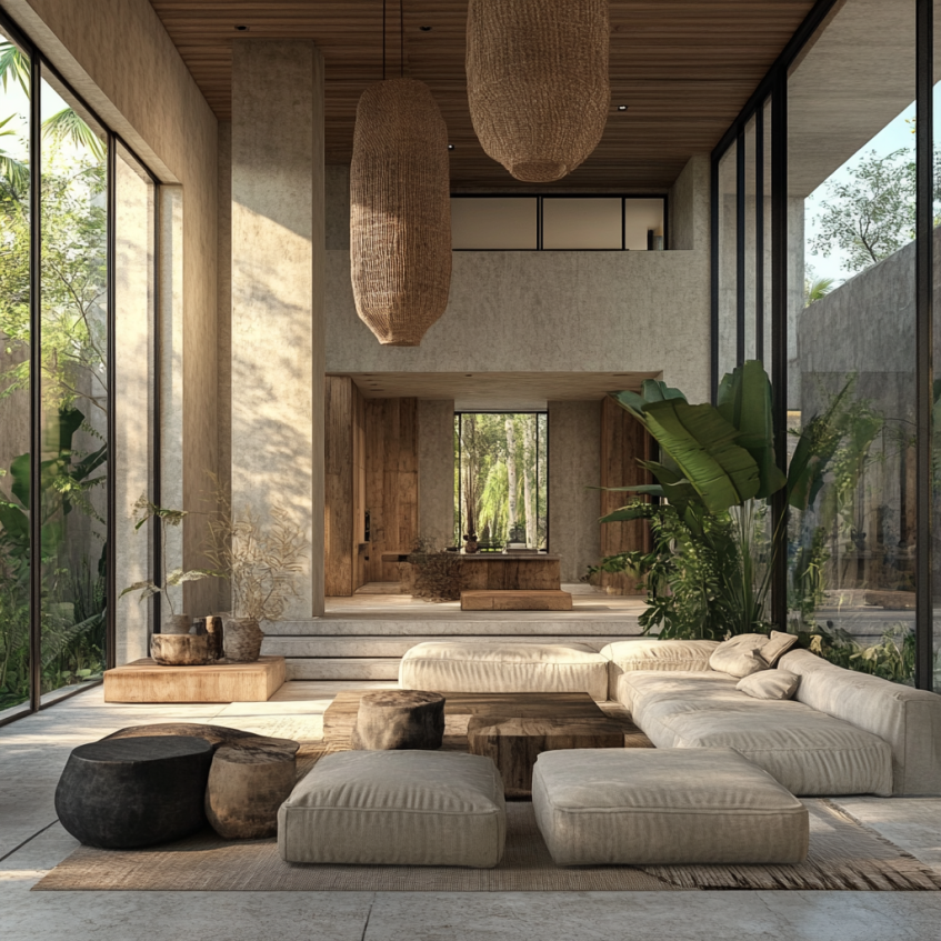 Naturalism style villa living room with earthy tones, plush seating, large windows offering views of greenery, and natural materials like wood and woven light fixtures.