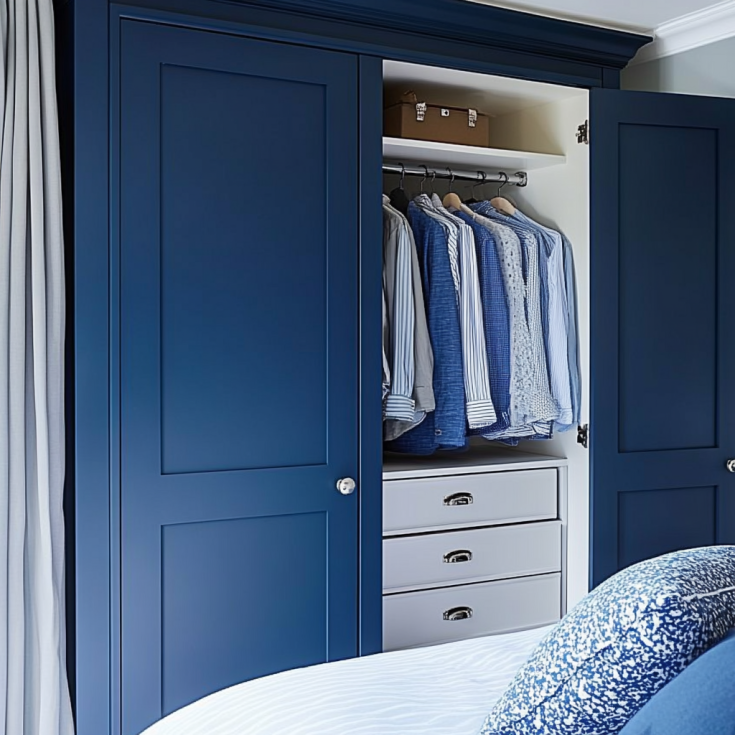 Navy blue wardrobe with clean lines and white interior in a modern bedroom.