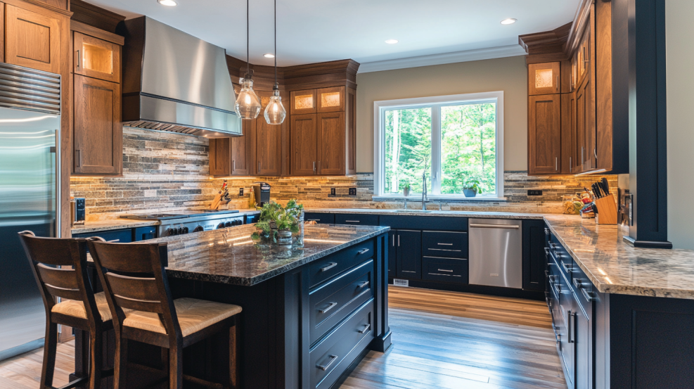 Urban kitchen with modern brown laminate cabinets and island