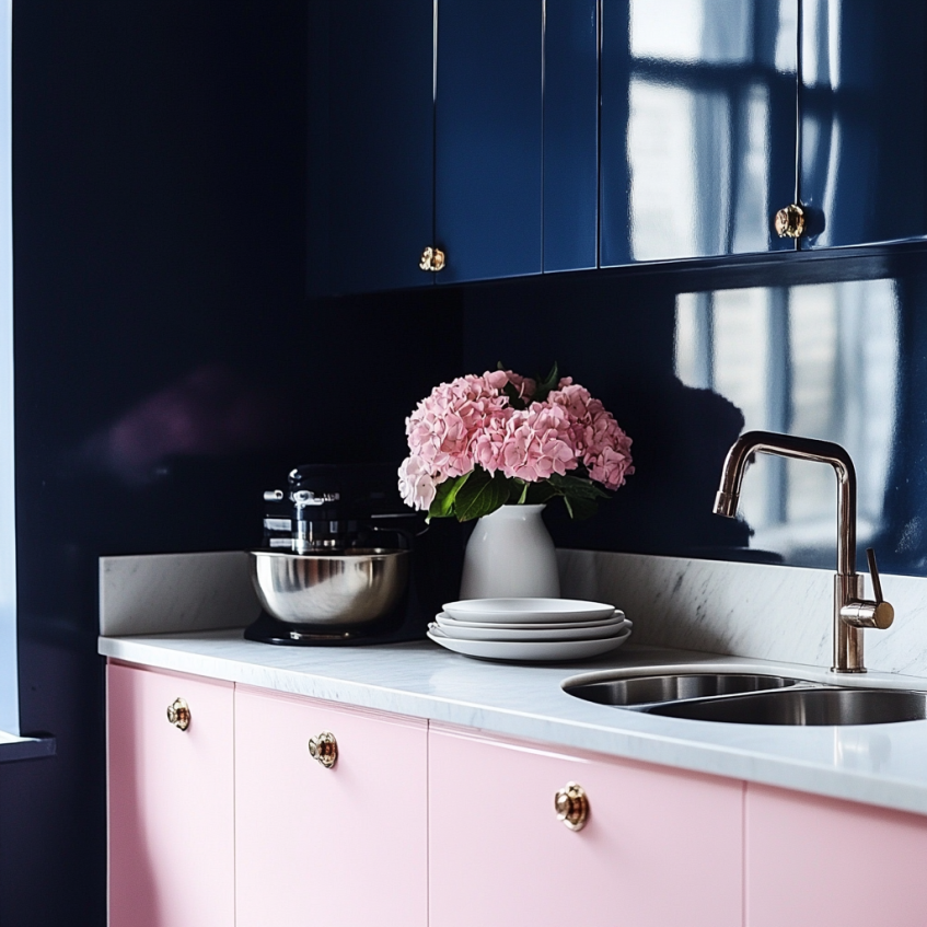 Glossy navy upper cabinets and soft pink base cabinets with marble counters