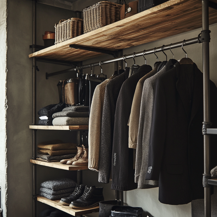 Industrial open closet with metal pipe shelving and rustic wood boards