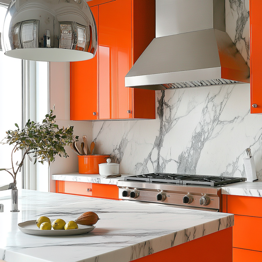 Modern kitchen with glossy orange cabinets, white marble countertops, and stainless steel range hood.