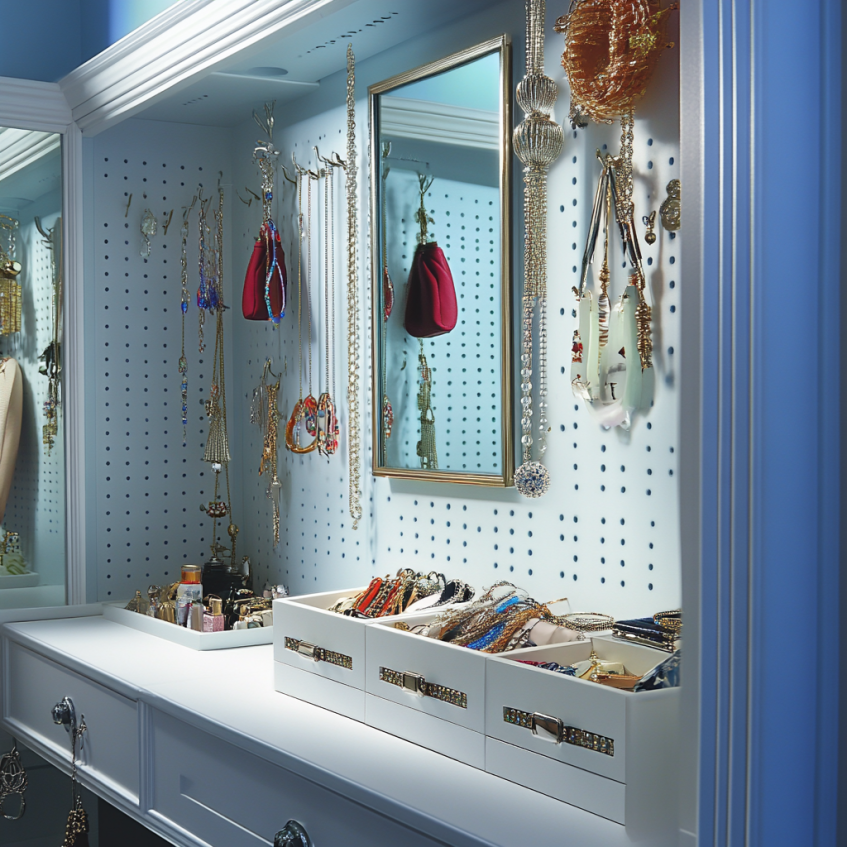 Elegant jewelry organizer with hooks and drawers, neatly displaying accessories.