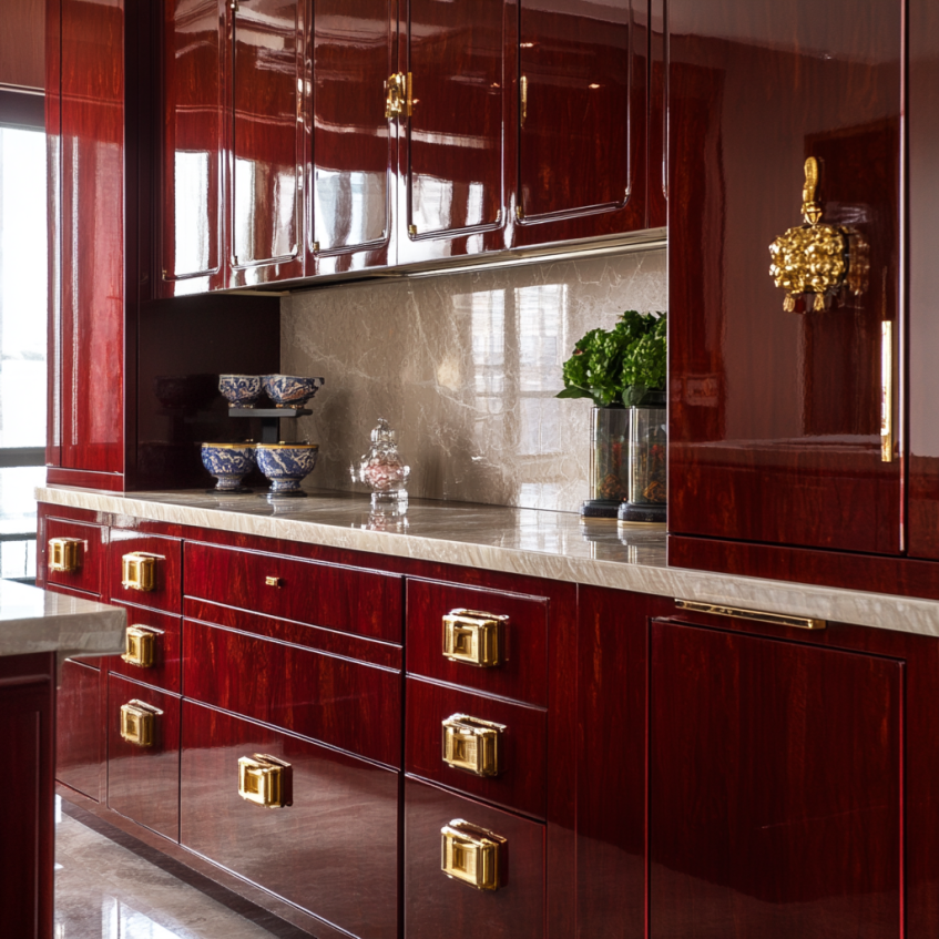 High-gloss oriental-style red kitchen cabinets with gold hardware